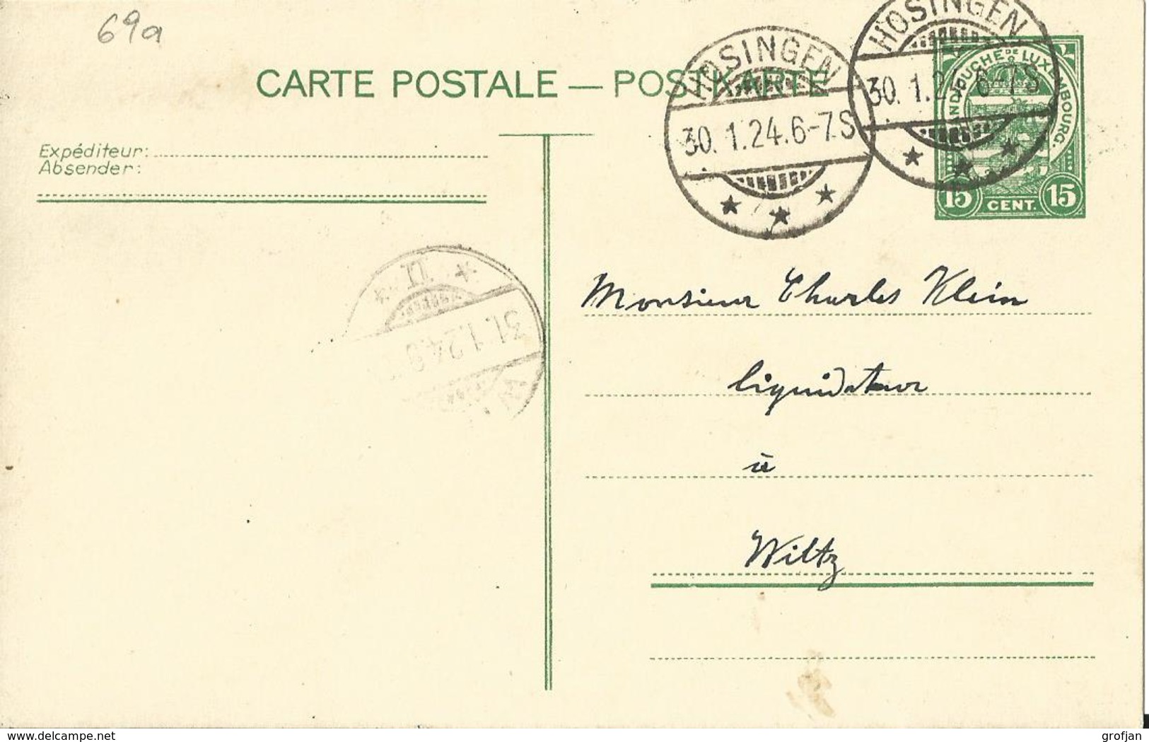 Carte Correspondance - Entier - Stationery - Korrespondenzkarte - No. 69a De Hosingen à Wiltz 1924 - Officials