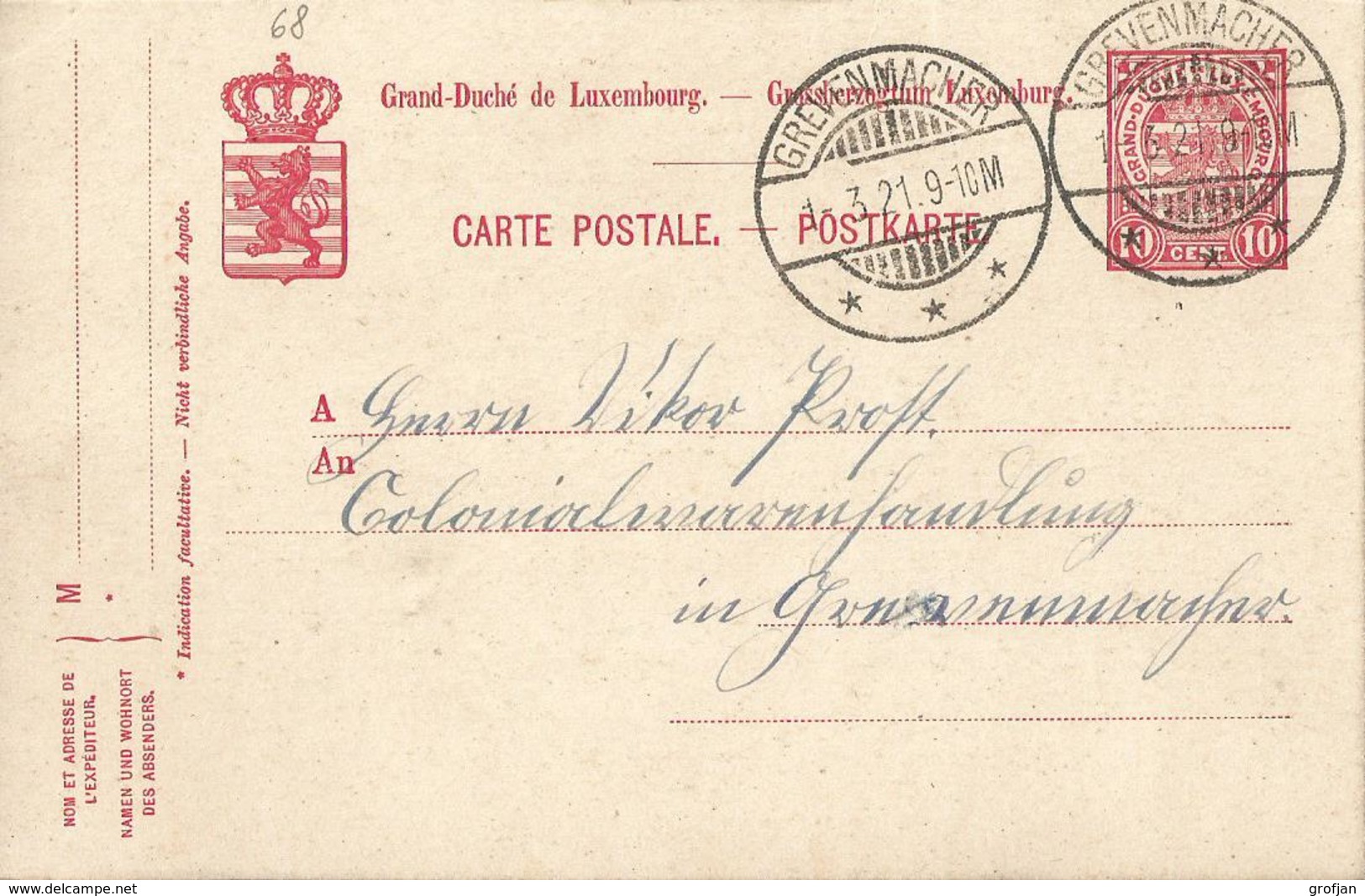 Carte Correspondance - Entier - Stationery - Korrespondenzkarte - No. 68 De Grevenmacher à Grevenmacher 1921 - Servizio