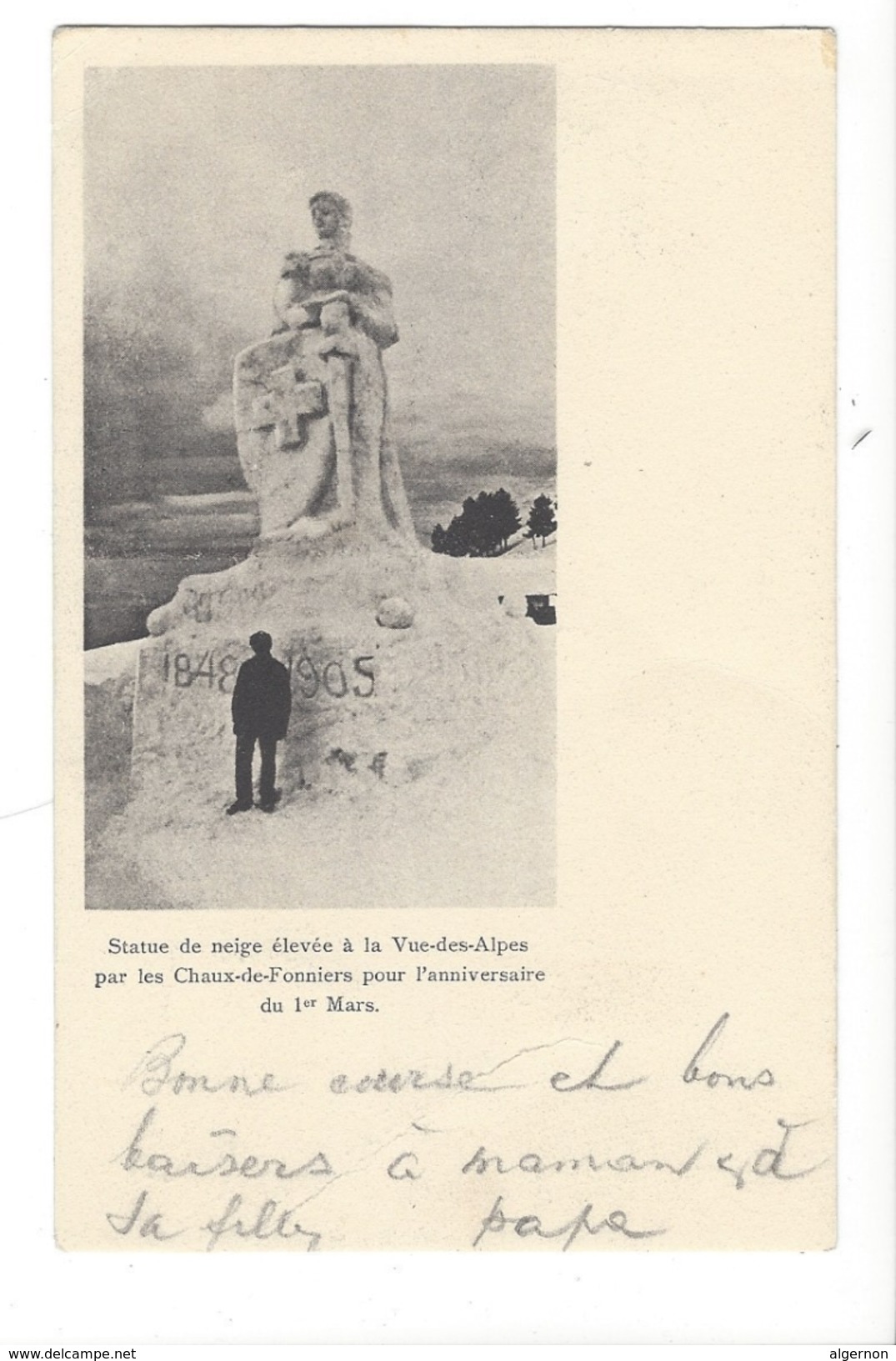 16272 - Statue De Neige élevée à La Vue-des-Alpes Par Les Chaux-de-Fonniers Pour Le 1er Mars  + Cachet Vue Des Alpes - Sonstige & Ohne Zuordnung