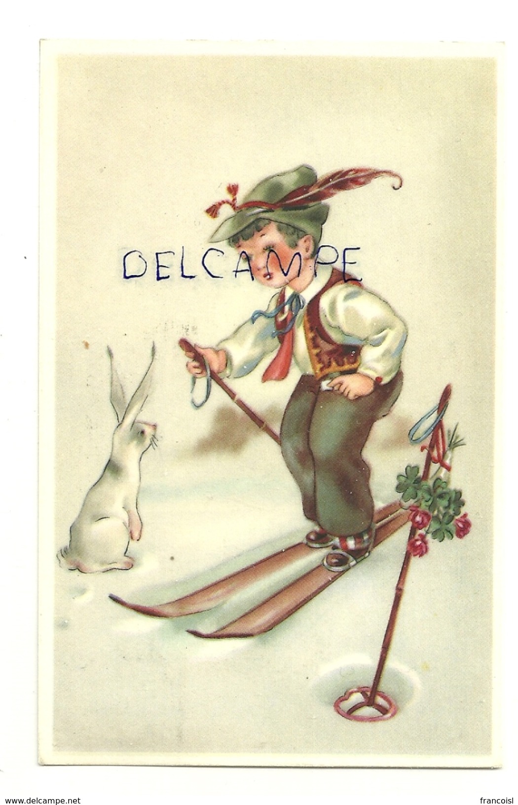 Petit Garçon Tyrolien Ou Suisse(?) à Ski, Trèfles, Lapin Blanc. Coloprint 7025. 1943 - Neujahr