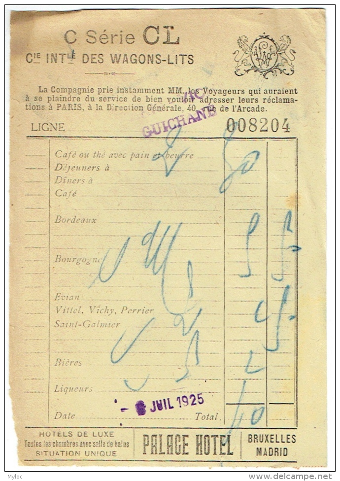 Ticket-Note/Facture. Cie Des Wagons-Lits. Wagon-Restaurant. 1925 - Other & Unclassified