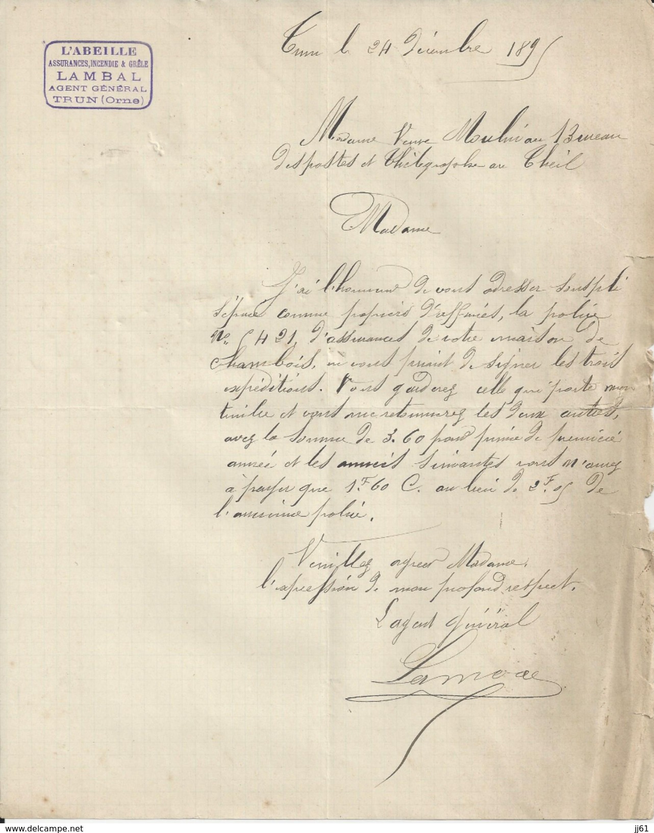 TRUN ORNE MR LAMBAL  AGENT D ASSURANCE L ABEILLE ANNEE 1895 A MME MOULIN AU THEIL SUR HUISNE AU BUREAU DE POSTE - Royaume-Uni