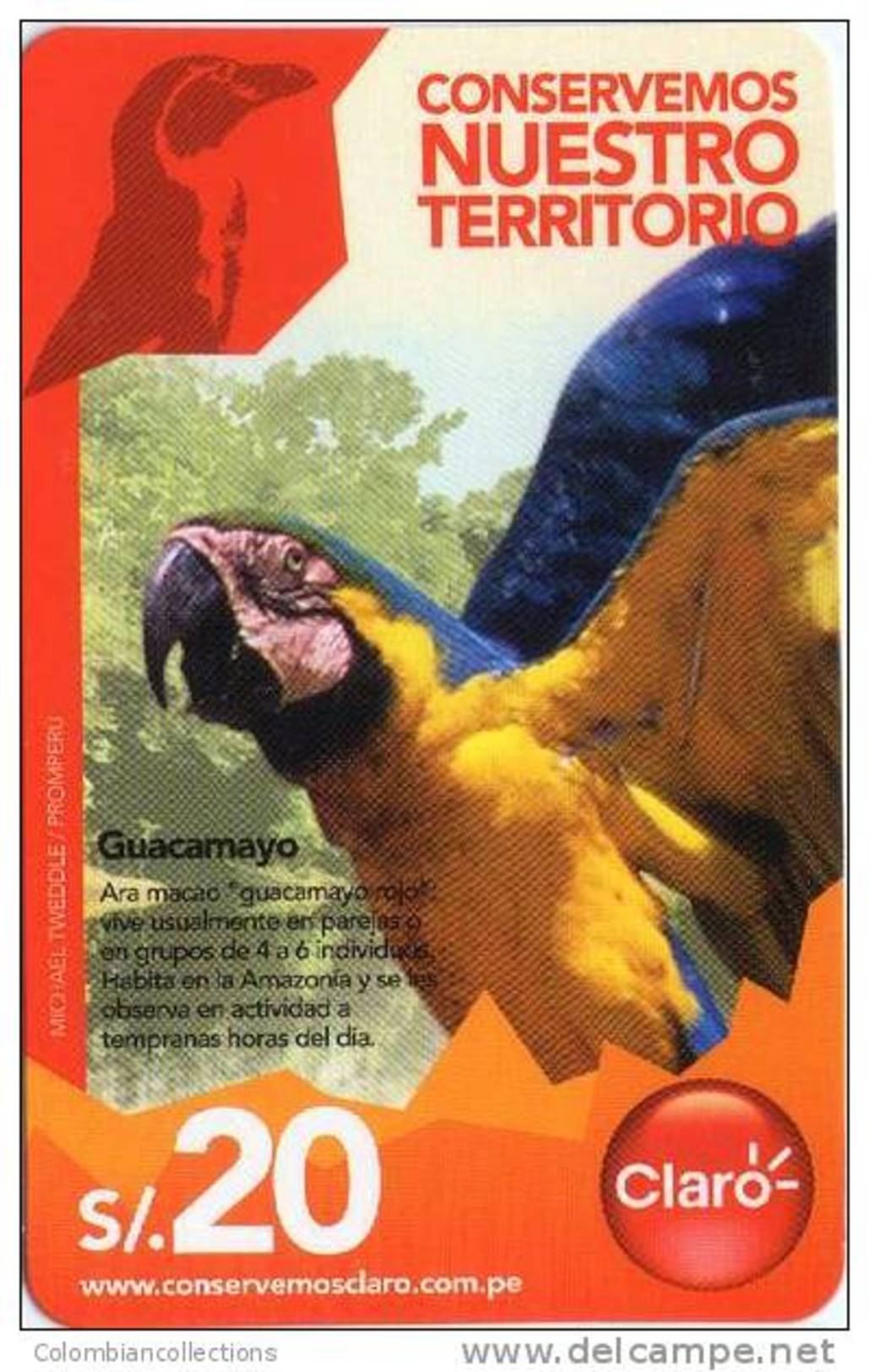 Lote TTE41, Peru, Tarjeta Telefonica, Phone Card, Claro, Guacamayo, 20, Bird, Used, Not Perfect Card - Perú