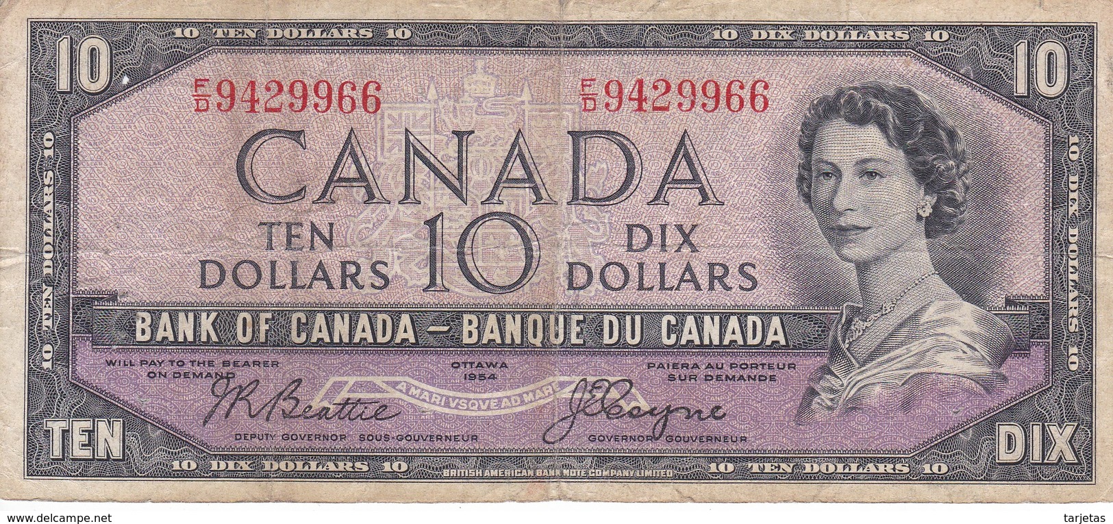 BILLETE DE CANADA DE 10 DOLLARS DEL AÑO 1954  (BANKNOTE) RARO - Canada