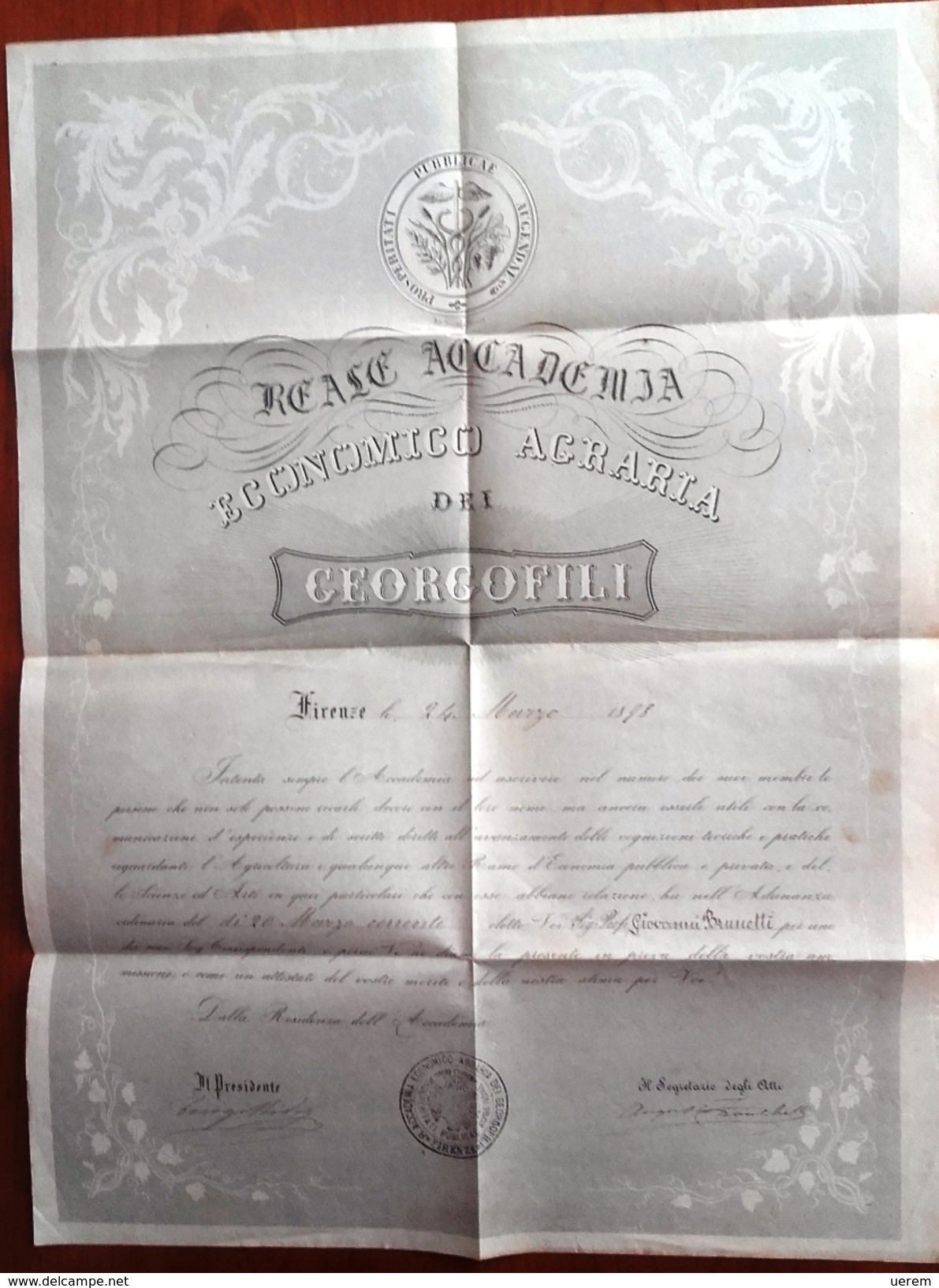 1898 ACCADEMIA GEORGOFILI FIRENZE BRUNETTI Attestato Della Reale Accademia Economico Agraria Dei Georgofili Di Firenze C - Diplomi E Pagelle