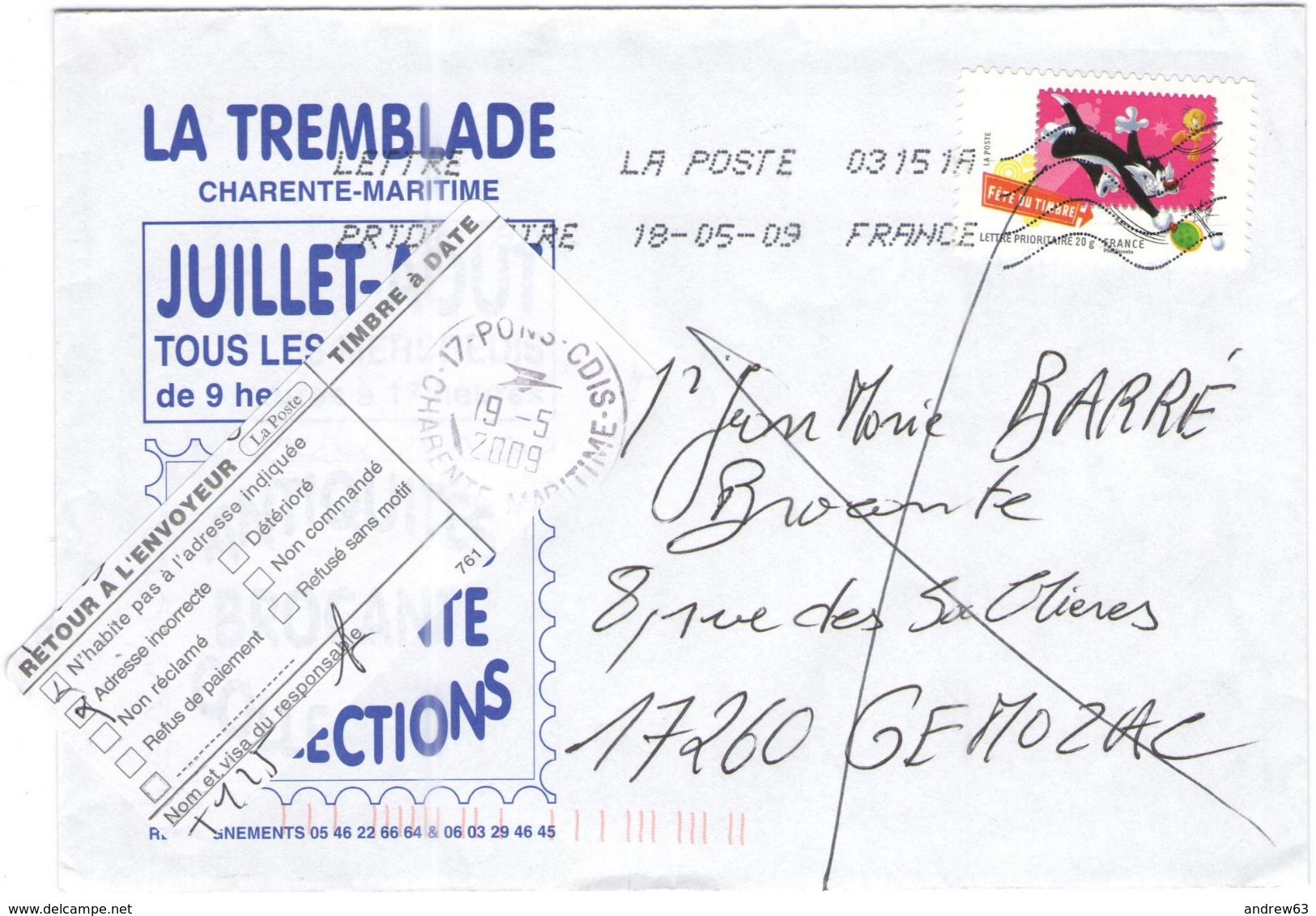 FRANCIA - France - 2009 - Lettre Prioritaire 20g - Fête Du Timbre + Retour à L'envoyeur - Viaggiata Da 03151A Per Gémoza - Storia Postale