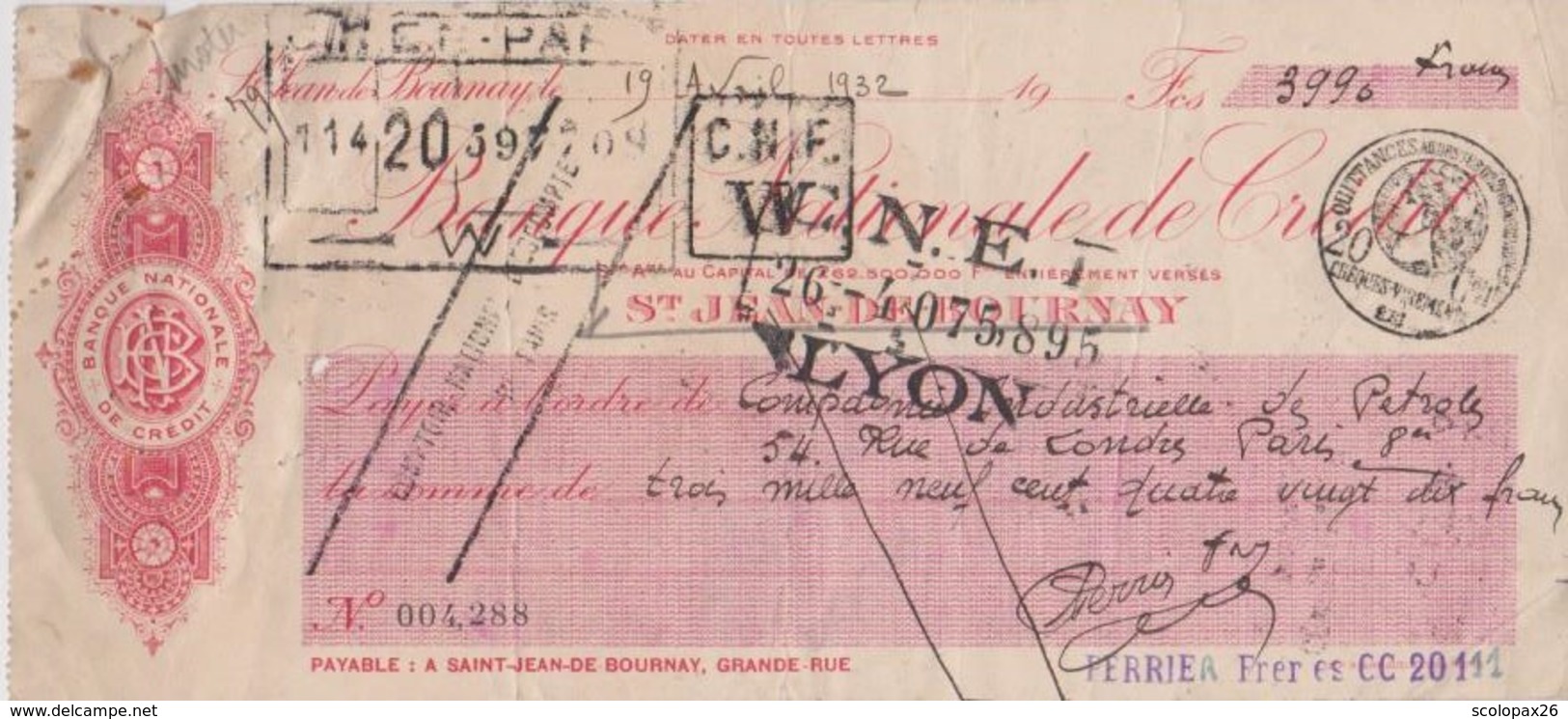 Chèque Banque Nationale De Crédit De Saint Jean De Bournay (Isère) De 1932 Cachet Quittance 20 Cts - Cheques & Traveler's Cheques