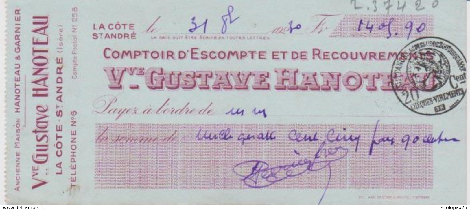 Chèque Banque Gustave Hanoteau La Côte Saint André (Isère) De 1930 Cachet Quittance 20 Cts - Cheques & Traveler's Cheques