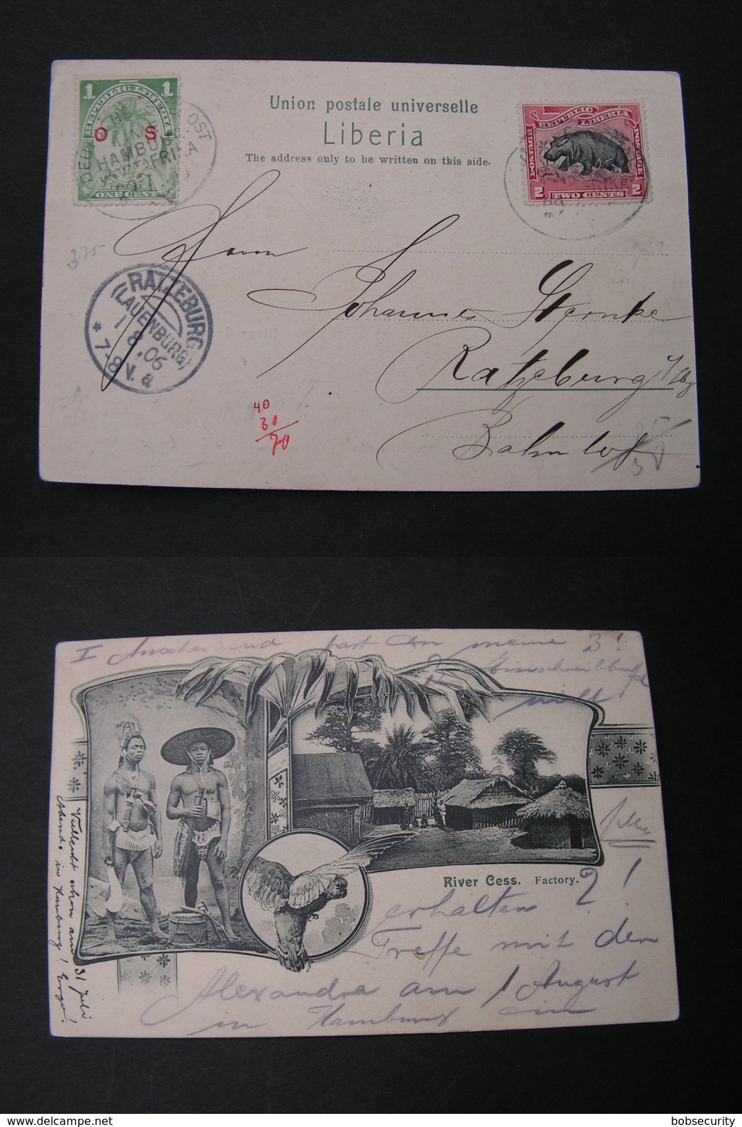 Liberia ,  1906 River Cess Factory , Schiffspost Stempel , Hamburg Westafrika Linie Nach Ratzeburg Lauenburg - Liberia