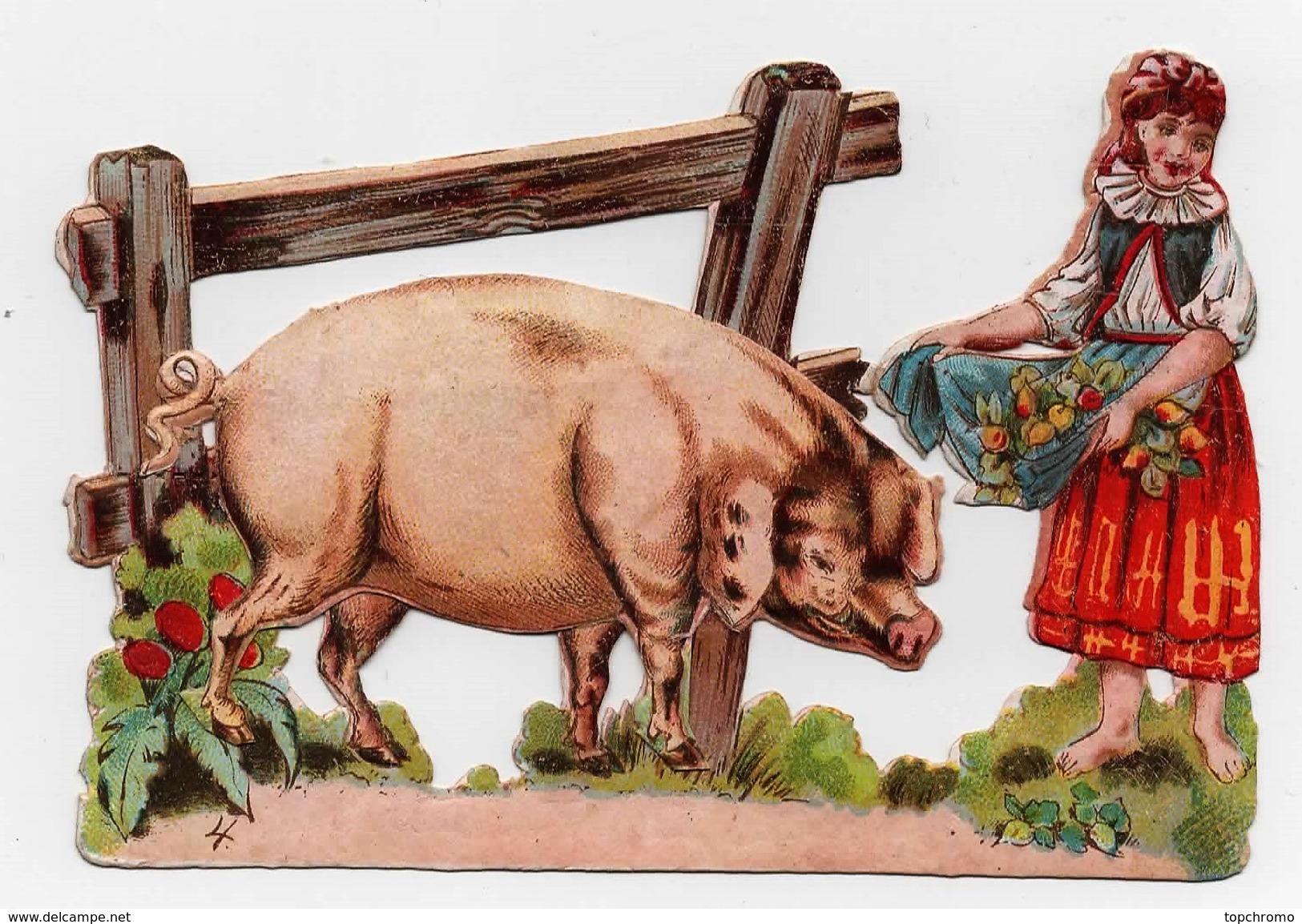 CHROMO Découpis Enfant Fille Cochon Porc Fruits - Animaux