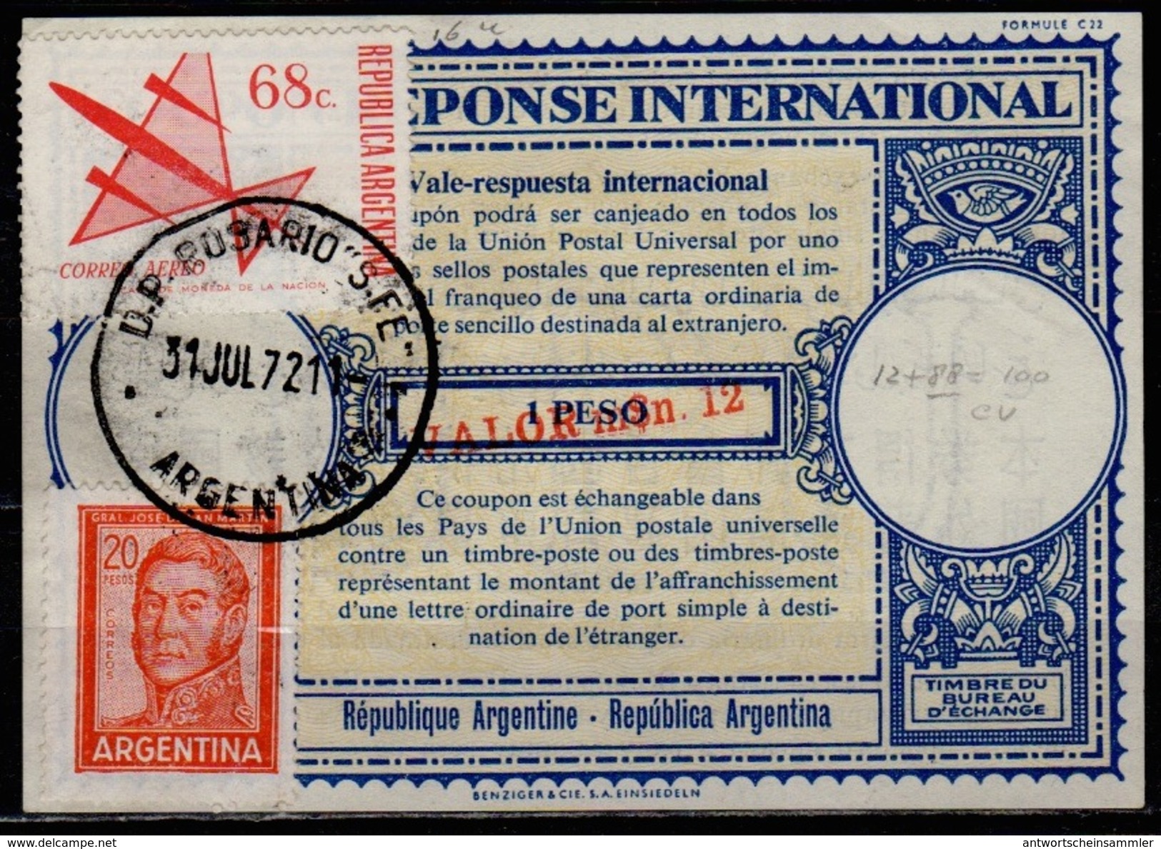 ARGENTINE / ARGENTINA 1972  Lo16u  Reply Coupon Reponse Surcharged VALOR M$n. 12 / 1 Peso + 88 Pesos 2 Stamps - Ganzsachen
