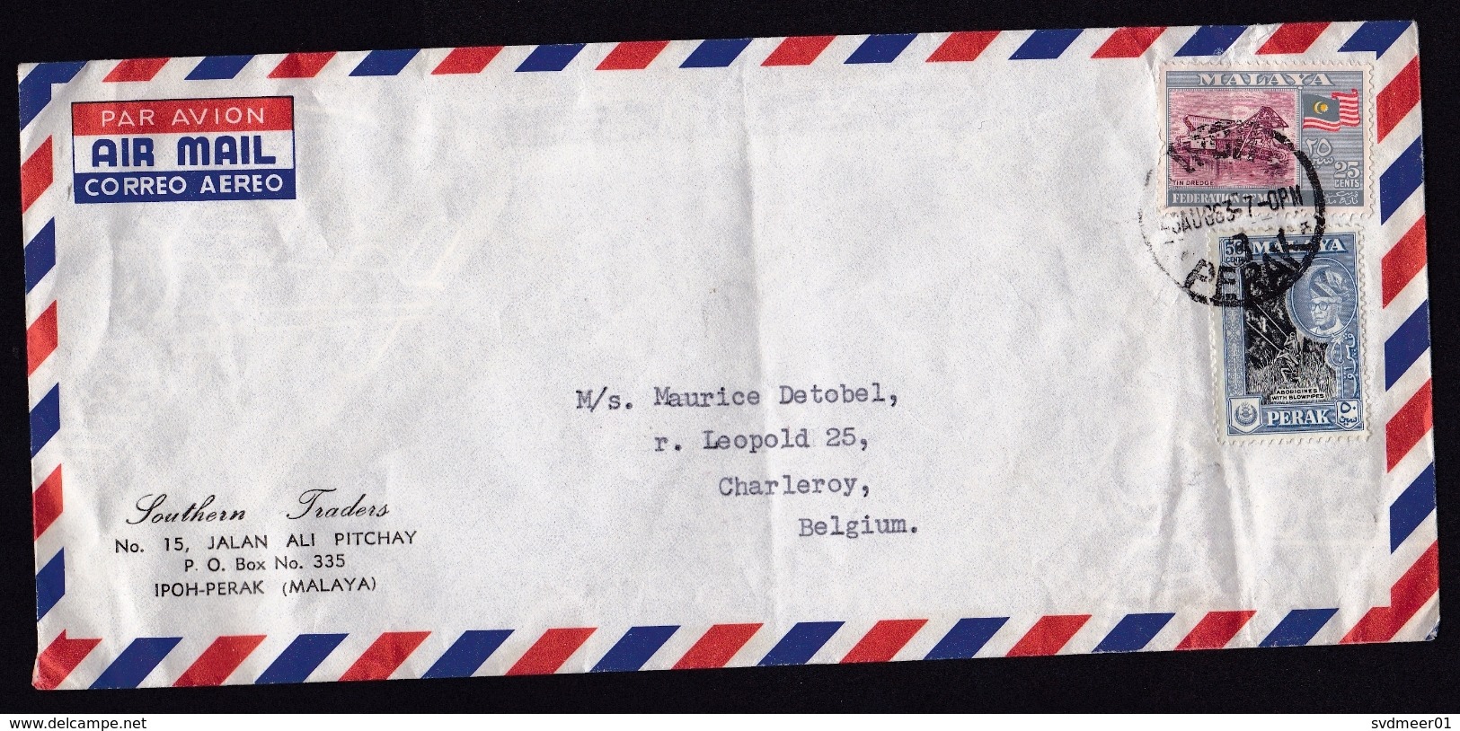 Malaya / Malaysia: Airmail Cover Ipoh Perak To Belgium, 1963, 2 Stamps, Tin Dredge, Blowpipes, Flag (damaged, Fold) - Perak