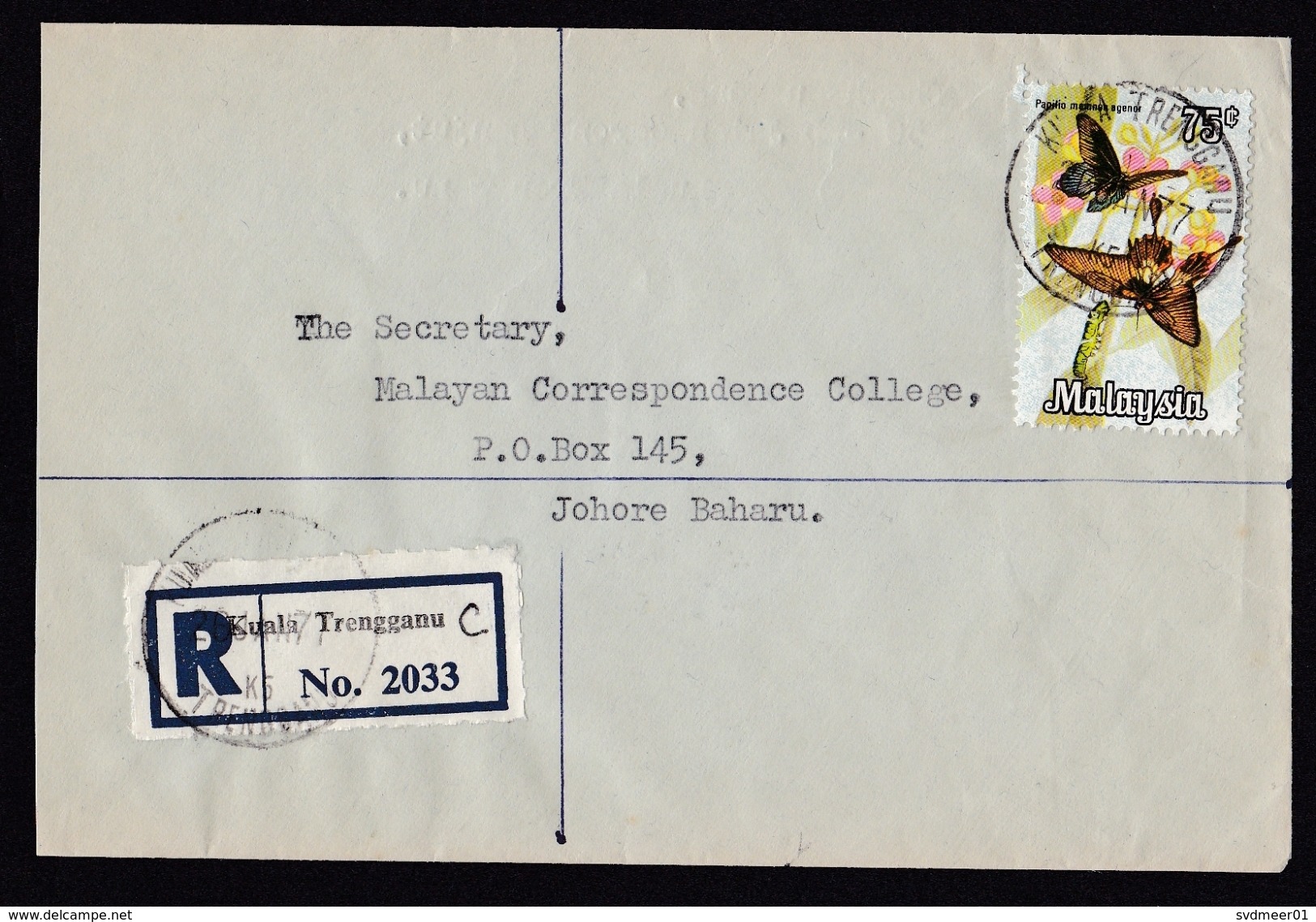 Malaysia: Registered Cover, 1977, 1 Stamp, Butterfly, Bicolor R-label Kuala Trengganu (minor Discolouring) - Malaysia (1964-...)