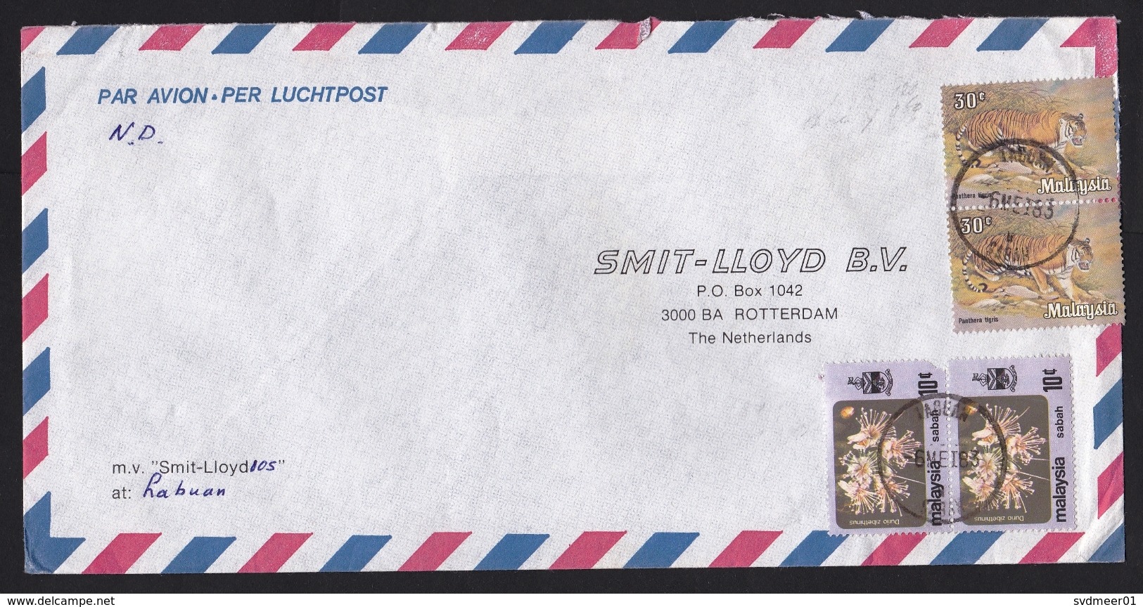 Malaysia: Airmail Cover Labuan To Netherlands, 1983, 4 Stamps, Tiger, Flower, Ship Mail Smit Lloyd (1 Stamp Damaged) - Maleisië (1964-...)