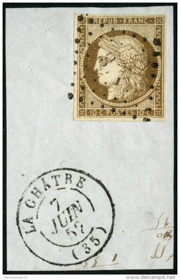 N&deg;1 10c Bistre, Obl PC S/fragment, (la Charte 7/6/52) - TB - 1849-1850 Ceres