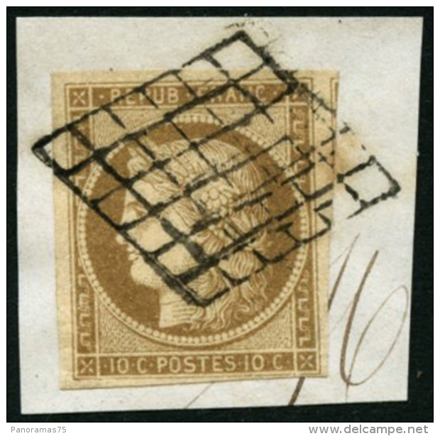 N&deg;1 10c Bistre, Obl PC S/fragment - TB - 1849-1850 Ceres