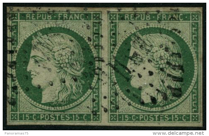 N&deg;2b 15c Vert Fonc&eacute;, Paire Infime Pelurage - B - 1849-1850 Cérès