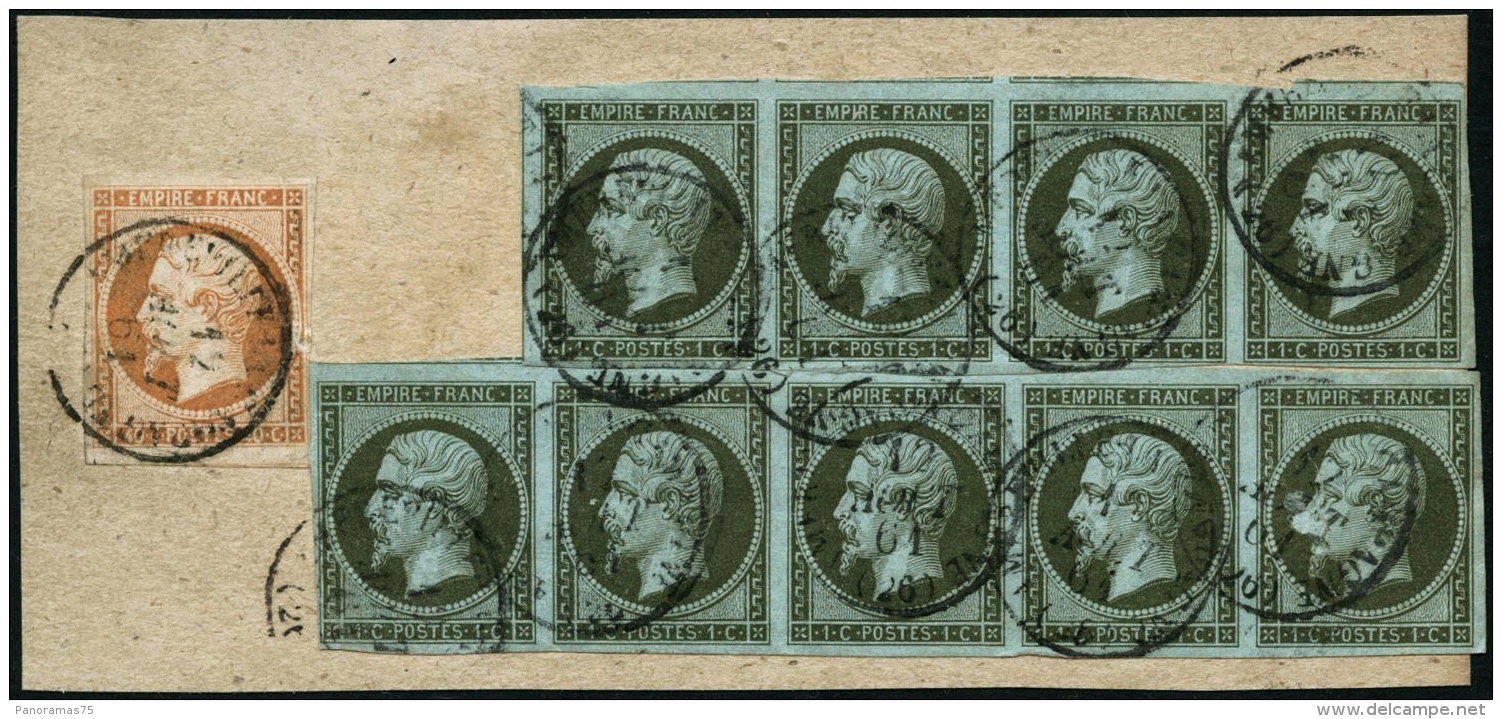 N&deg;11 + 16 1c Vert-olive, Bande De 5 + Bande De 4 + 40c Orange S/fgt Obl C&agrave;D - TB - 1853-1860 Napoléon III.