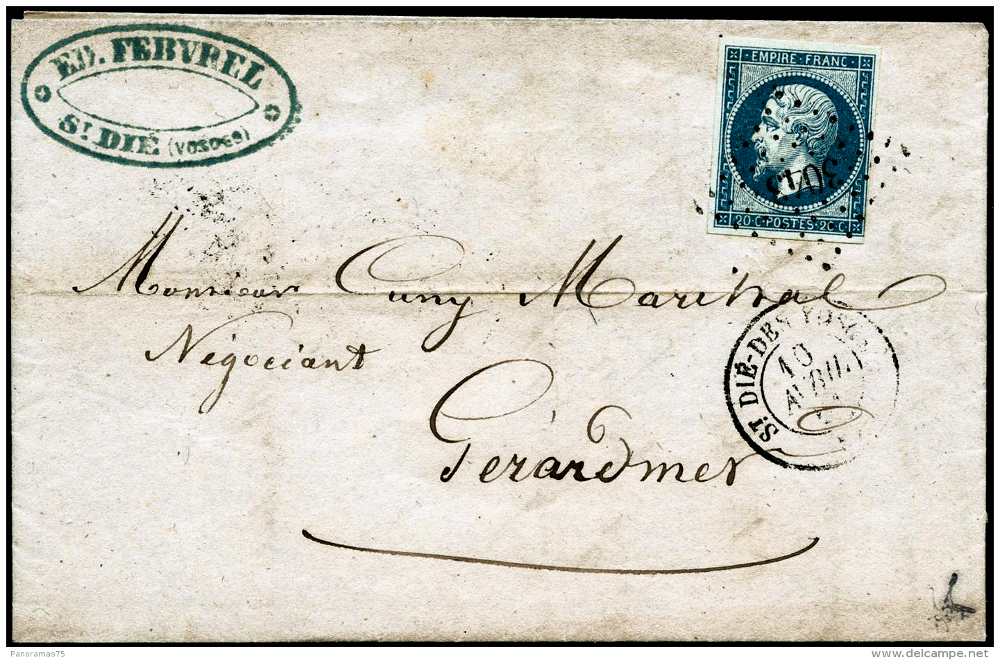 N&deg;14Ba 20c Bleu S/vert, Type II S/lettre - TB - 1853-1860 Napoleon III