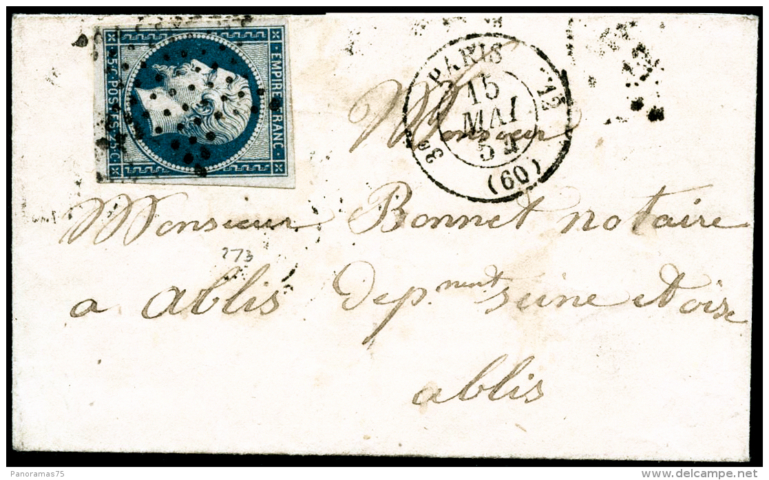N&deg;15 25c Bleu, &eacute;toile Sur LSC De Paris 15/05/54 - TB - 1853-1860 Napoléon III.