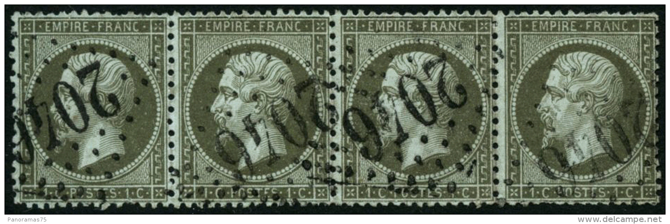 N&deg;19 1c Olive, Bande De 4 Obl GC - TB - 1862 Napoléon III.