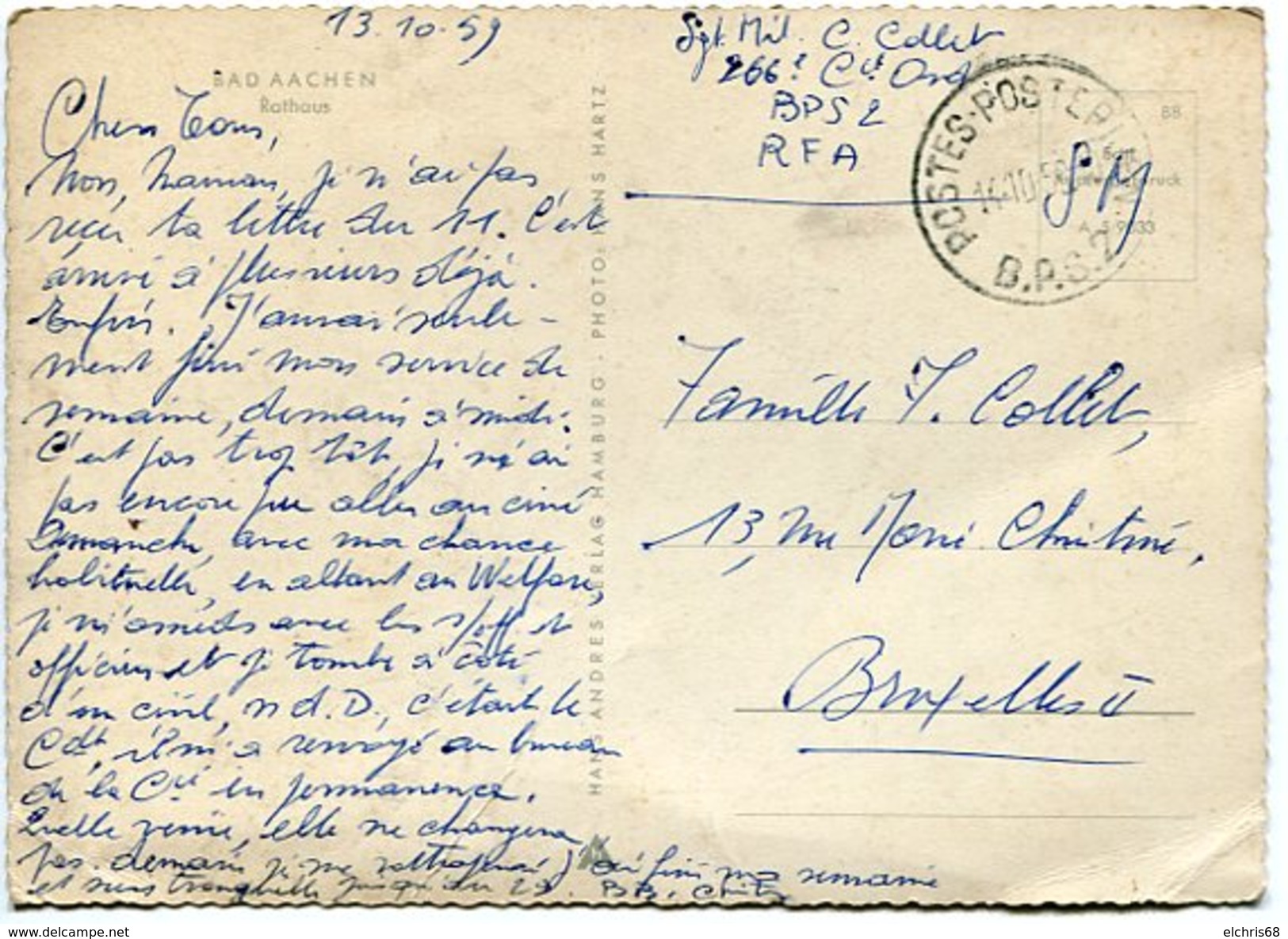 VR 104 Carte Postale De Bad Aachen Cachet Poste Aux Armées Belges  B.P.S.2 Du 14.10.59 Pour Bruxelles - OC38/54 Belgian Occupation In Germany