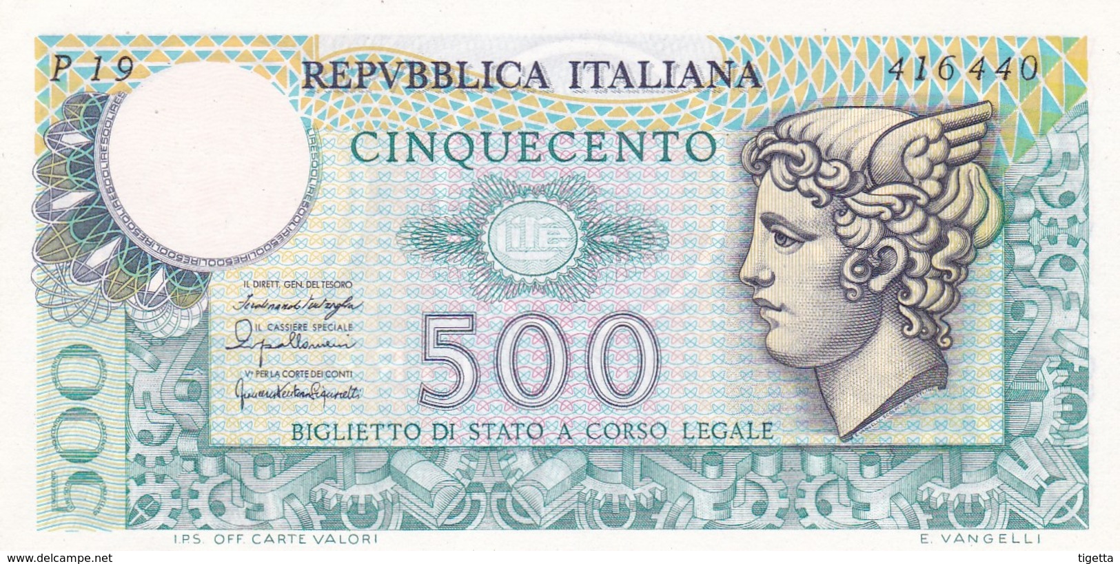 ITALIA BANCONOTA DA LIRE 500 FDS MERCURIO DECRETO 20/12/76  SERIE P19 416440 - 500 Lire