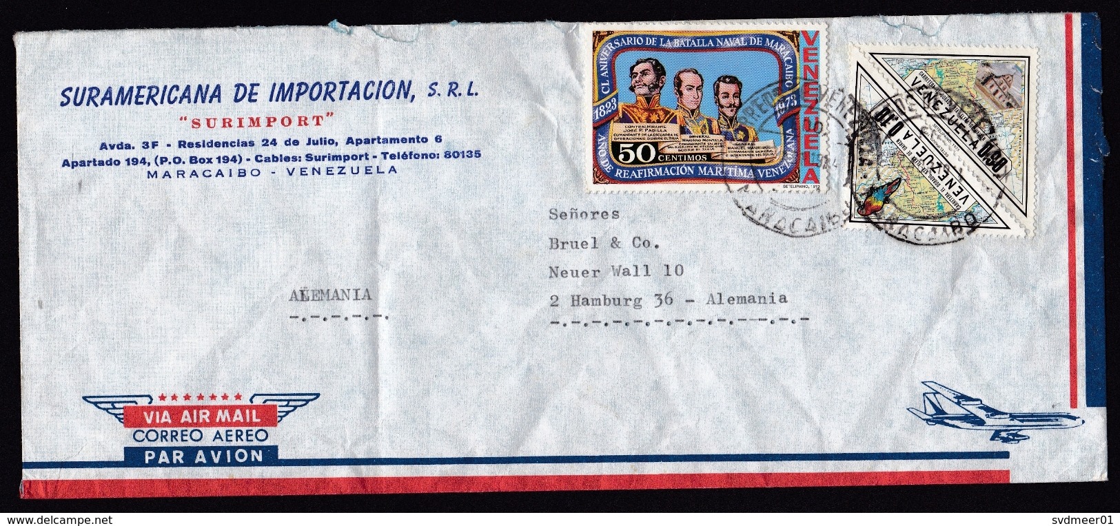 Venezuela: Airmail Cover To Germany, 1974, 3 Stamps, Triangle-shaped, Military History, Map, Parrot (minor Damage) - Venezuela