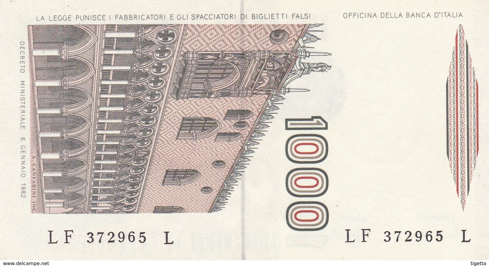 ITALIA BANCONOTA DA LIRE 1000 FDS MARCO POLO DECRETO MINISTERIALE 6/1/82 SERIE LF 372965 L - 1000 Lire