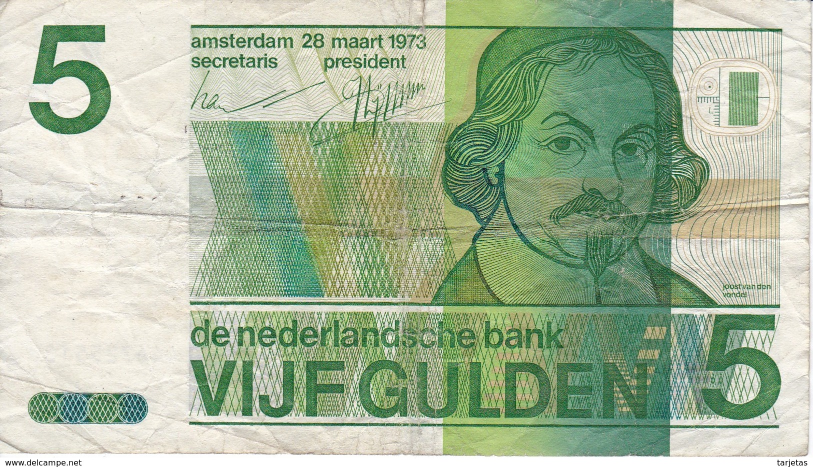 BILLETE DE HOLANDA DE 5 GULDEN DEL AÑO 1973  (BANKNOTE)  VONDEL - 5 Florín Holandés (gulden)