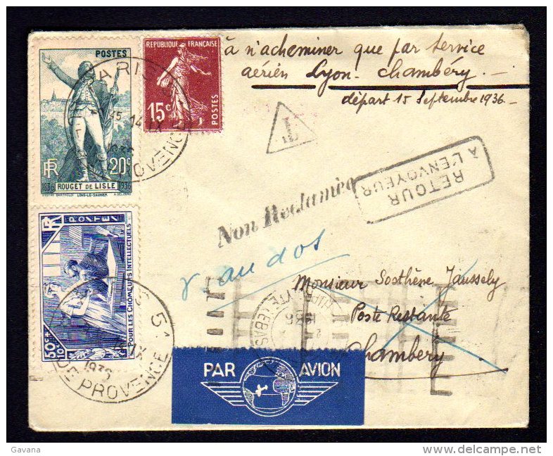 Lettre Par Avion - 1er Liaison Aérienne Chambéry - Lyon - Chambéry Du 15/09/1936 - 1960-.... Covers & Documents