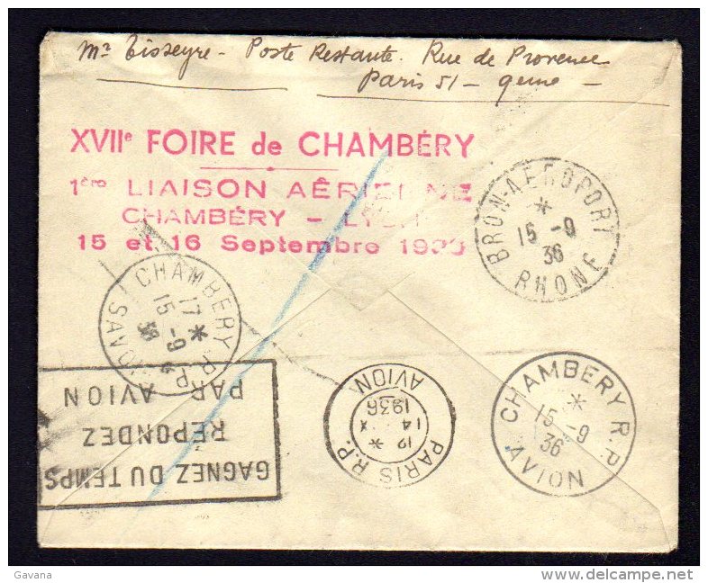 Lettre Par Avion - 1er Liaison Aérienne Chambéry - Lyon - Chambéry Du 15/09/1936 - 1960-.... Covers & Documents