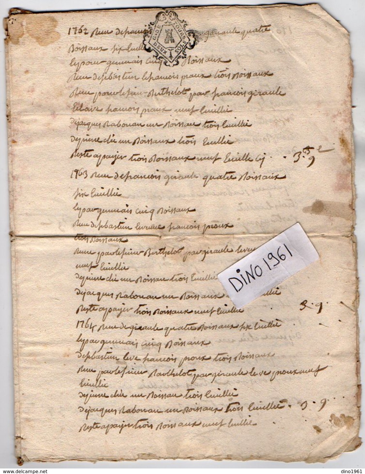 VP7824 - Cachet Généralité Ville De TOURS  - Acte De 1768 ? - Jean ..... à DOUCES Vente De Terres   ( DOUE LA FONTAINE ) - Cachets Généralité