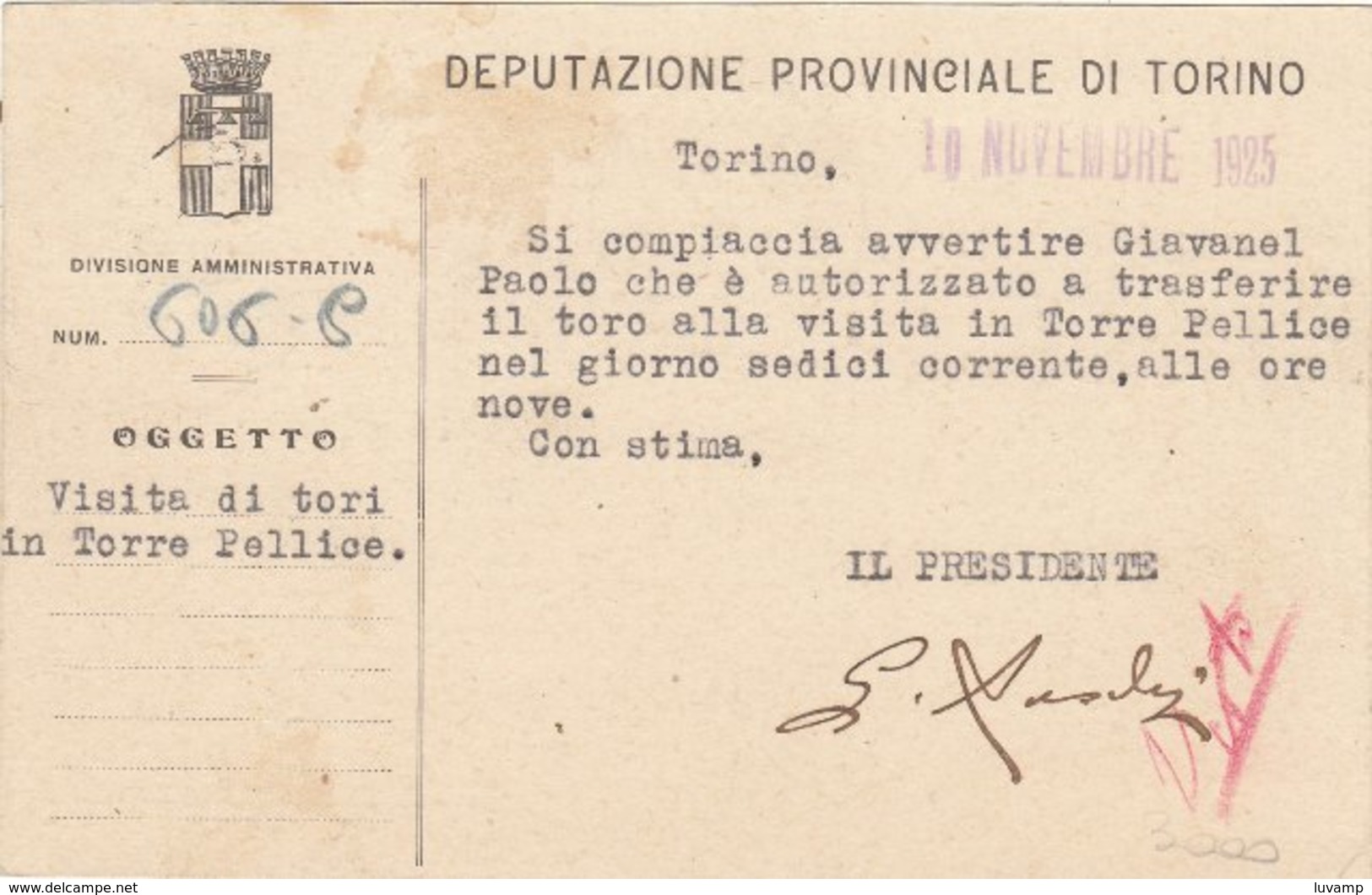 DEPUTAZIONE PROVINC.di TORINO -1925 - F/P (200210) - Stamped Stationery