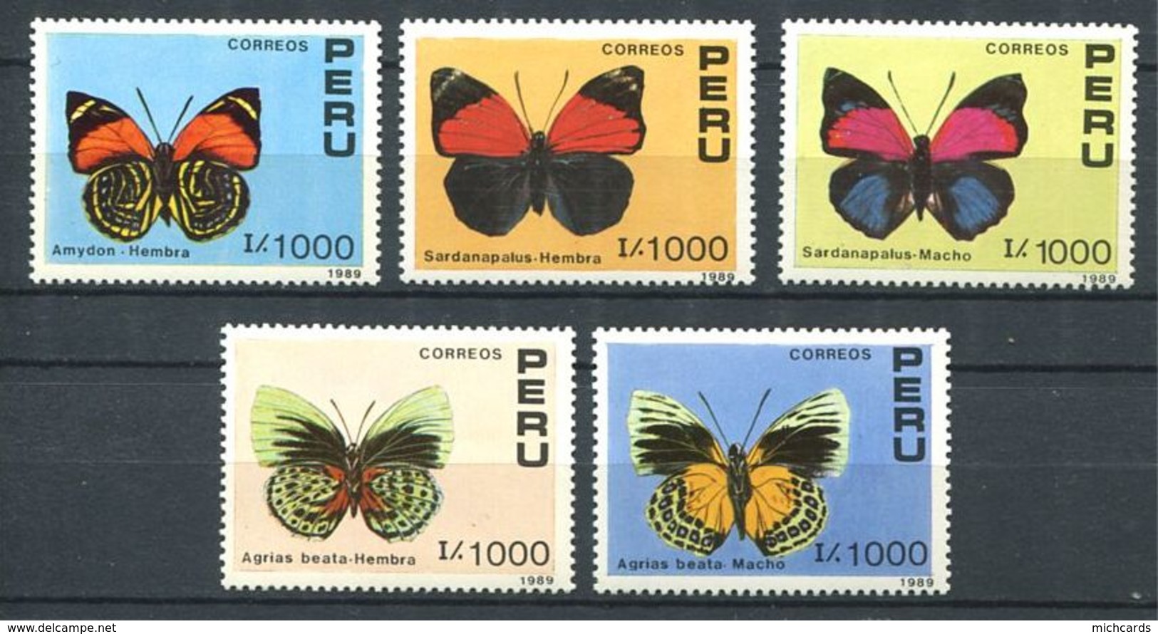 190 PEROU 1990 - Yvert 923/27 - Papillon - Neuf ** (MNH) Sans Trace De Charnière - Peru