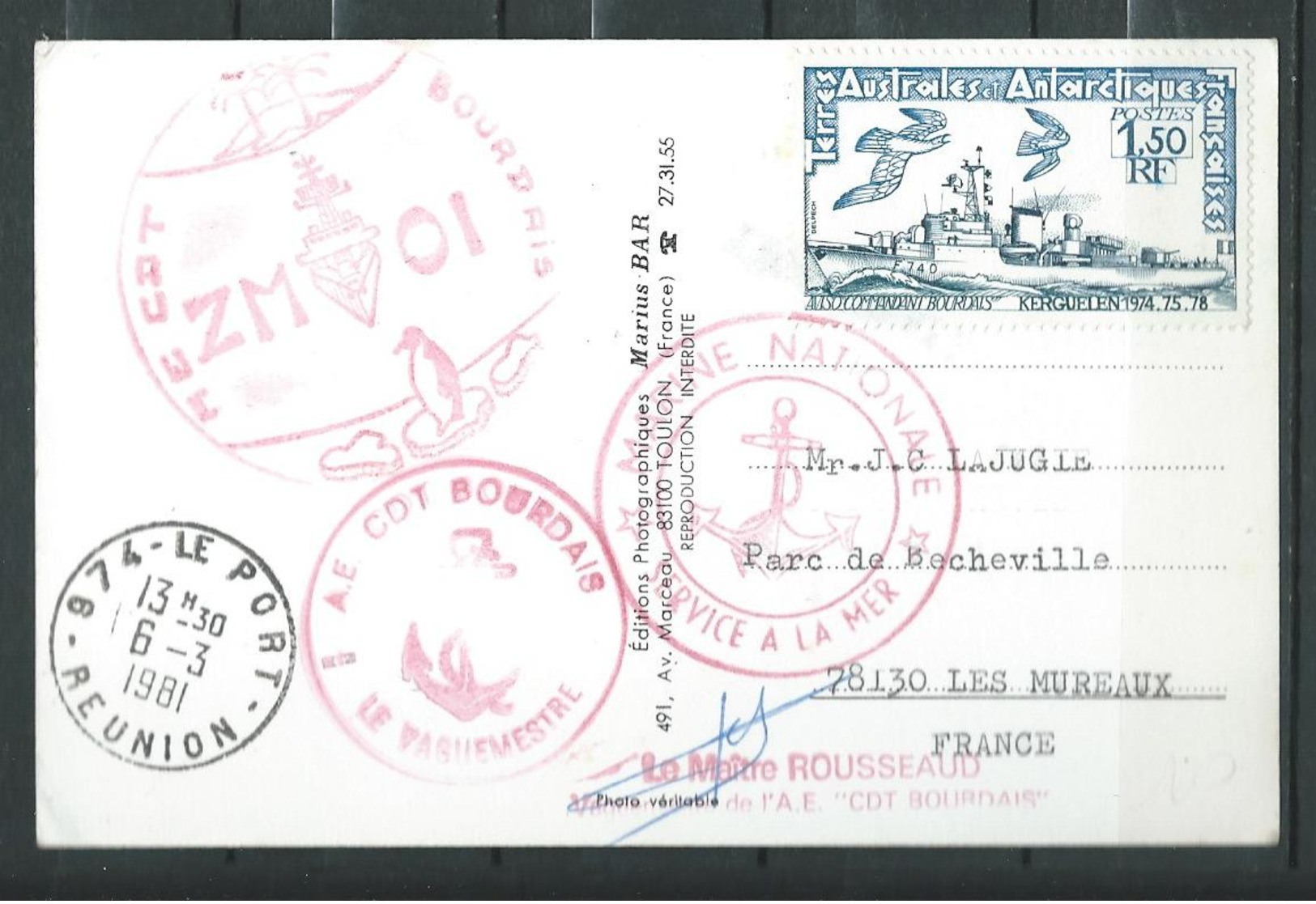 A.E COMMANDANT BOURDAIS - ZMOI Sur Carte Postale - TàD LE PORT 06/03/81 - Poste Navale