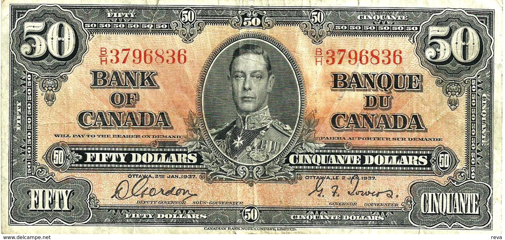 CANADA $50 DOLLARS KGVI HEAD FRONT WOMAN BACK DATED 2-1-1937 P63b SIGN. GORDON-TOWERS F READ DESCRIPTION - Canada