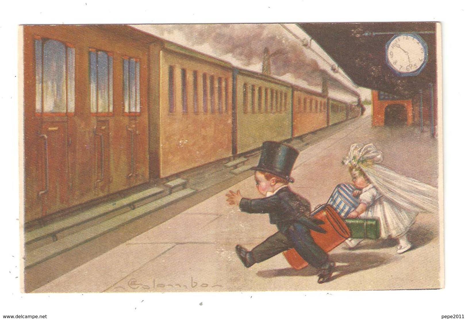 CPA  Illustration Signée COLOMBO 2 Enfants En Mariés Voulant Prendre Un Train - Colombo, E.