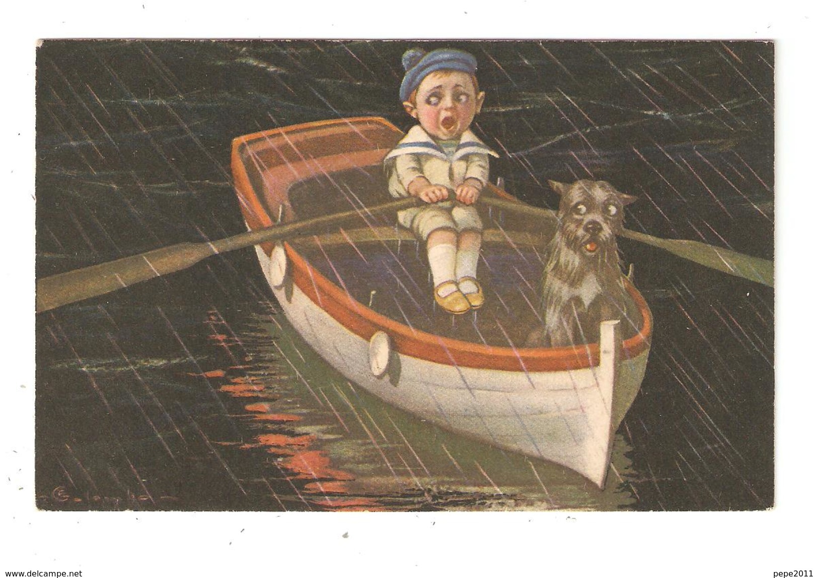 CPA Illustration  Signée COLOMBO  Enfant & Son Chien Dans Une Barque Sous La Pluie - Colombo, E.