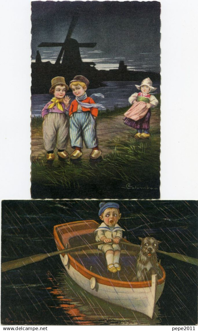 CPA Illustration  Signée COLOMBO  Enfant & Son Chien Dans Une Barque Sous La Pluie - Colombo, E.