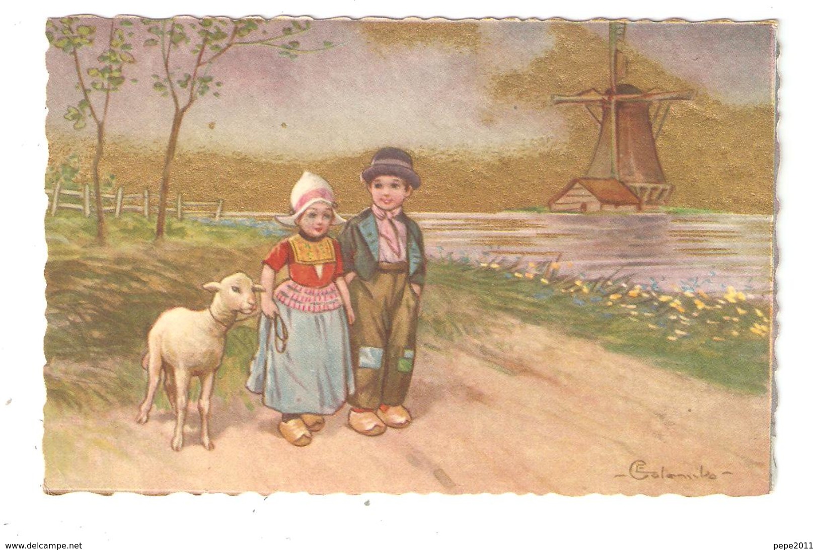 CPA Illustration  Signée COLOMBO   1 Garçon & 1 Fille Costumes Hollande  Mouton Moulin - Colombo, E.