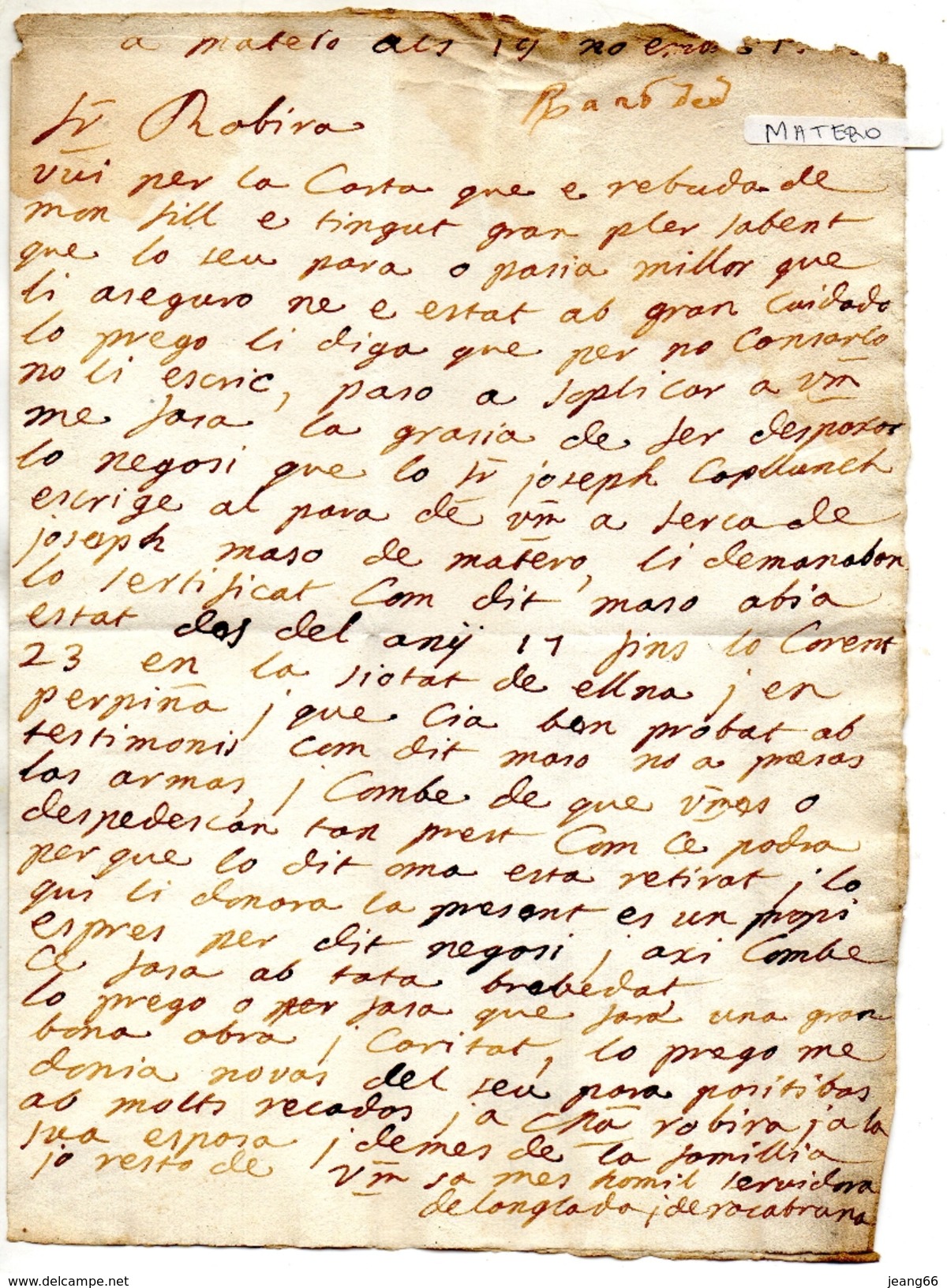 Lettre Avec Correspondance De MATARO (Catalogne) .date Illisible (17XX) Pour PERPIGNAN - 1701-1800: Precursores XVIII