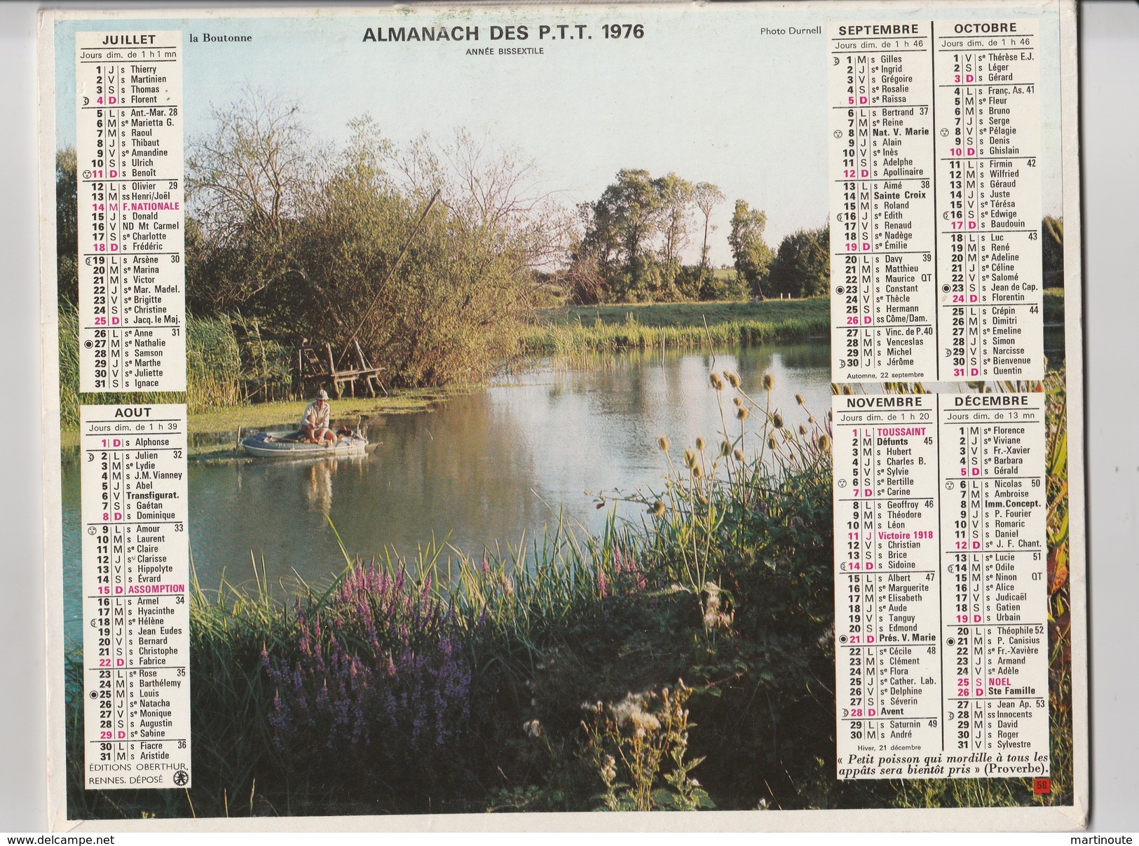 - CALENDRIER PTT Année 1976 Pêcheur - Grossformat : 1971-80