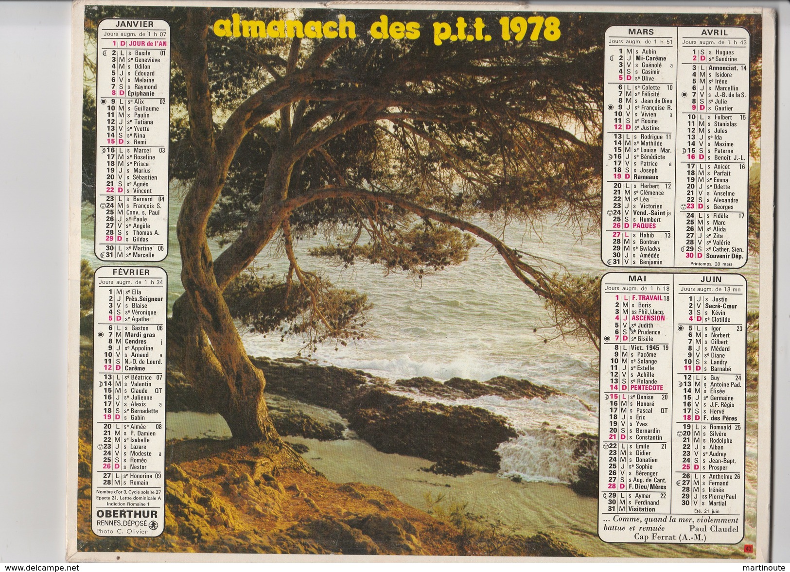 - CALENDRIER PTT Année 1978 - - Formato Grande : 1971-80