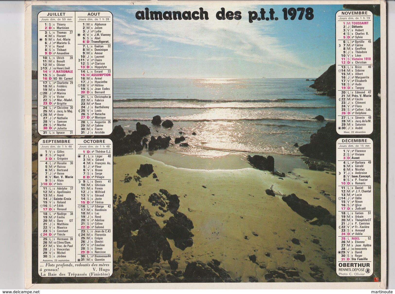 - CALENDRIER PTT Année 1978 - - Formato Grande : 1971-80