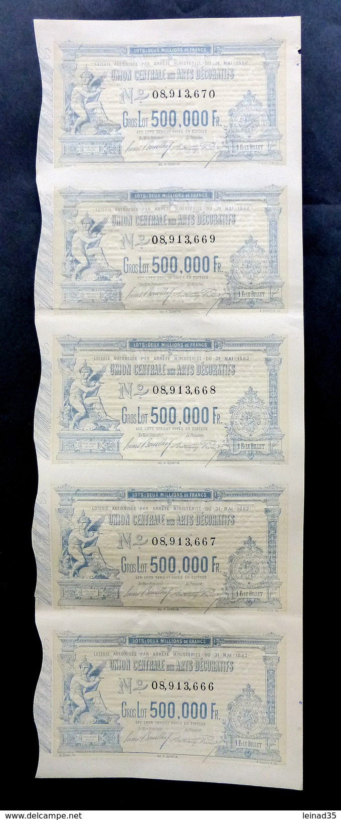 1882 -Très Rare Feuille Entière Et Neuve  De 5 Billets De Loterie Pour Les Arts Décoratifs - Billets De Loterie