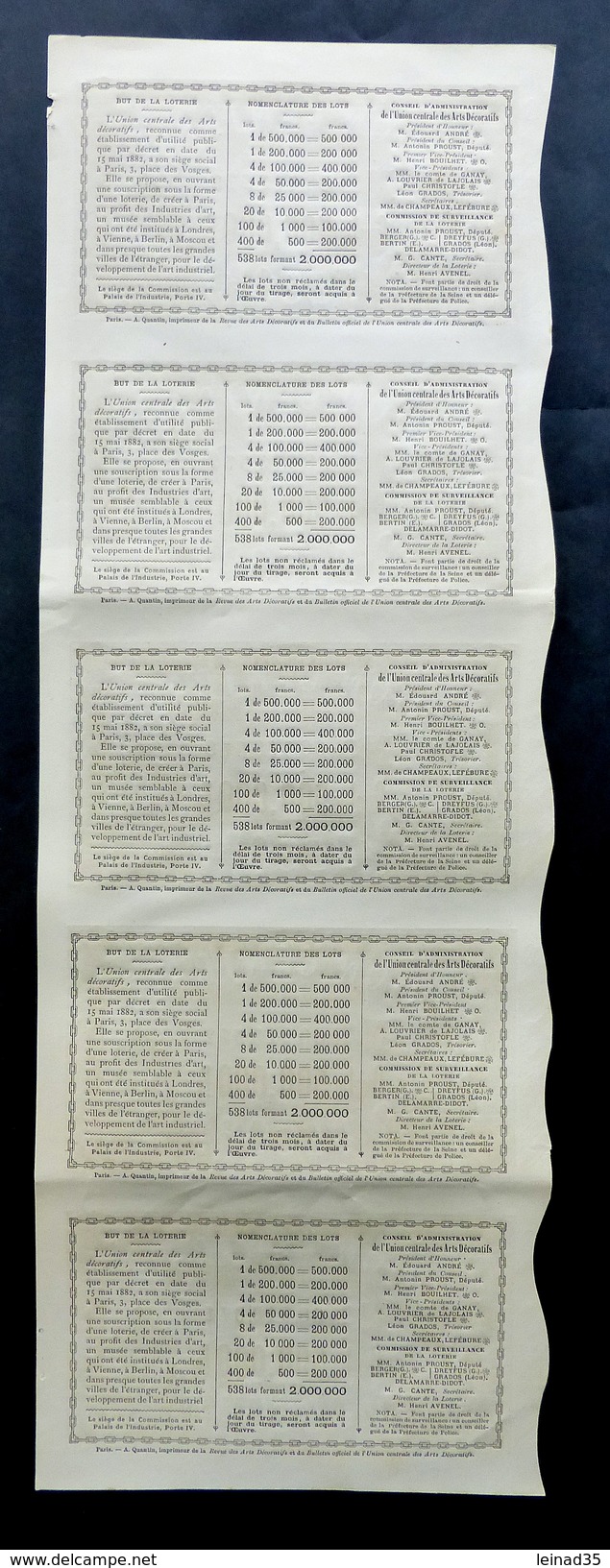 1882 -Très Rare Feuille Entière Et Neuve  De 5 Billets De Loterie Pour Les Arts Décoratifs - Billets De Loterie