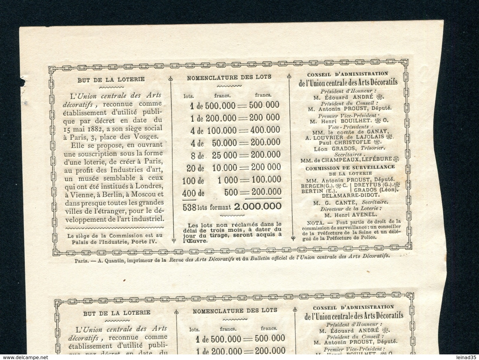 1882 -Très Rare Feuille Entière Et Neuve  De 5 Billets De Loterie Pour Les Arts Décoratifs - Billets De Loterie