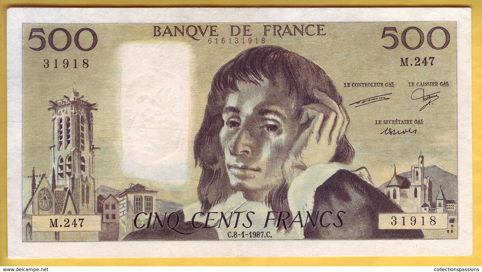 BILLET FRANCAIS - 500 Francs Pascal 8-1-1987 TTB+/SUP - 500 F 1968-1993 ''Pascal''