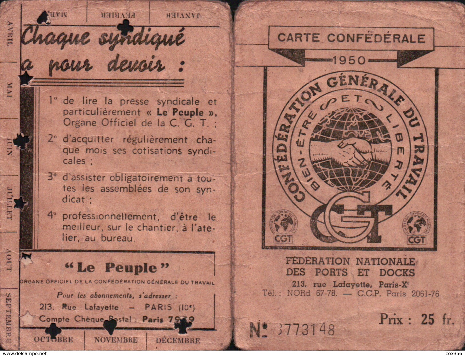 C.G.T. DOCKERS Du HAVRE Carte SYNDICAT Générale Des Ouvriers Du Port Du HAVRE ( TIMBRES F.N. PORTS Et DOCKS 1950 ) - Historische Dokumente